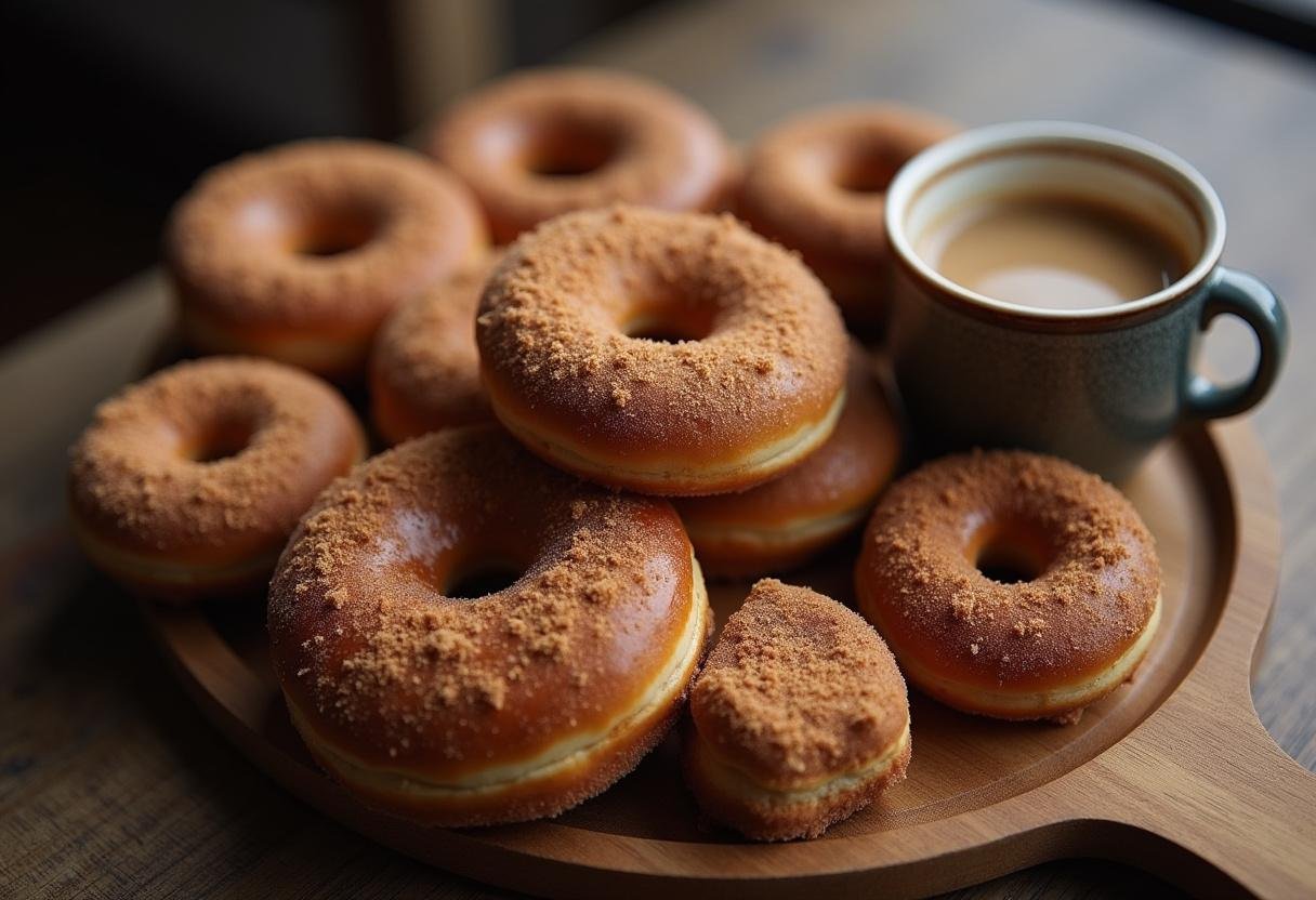 Deliciously crafted and coated Cinnamon Hogwarts Hearth Baked Cinnamon Sugar Donuts showcased on a platter, perfect for breakfast or snacks.