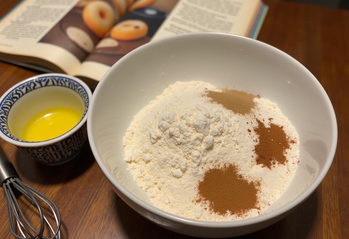 Mixing dough for Cinnamon Hogwarts Hearth Baked Cinnamon Sugar Donuts, with ingredients like flour, sugar, and cinnamon on a countertop.