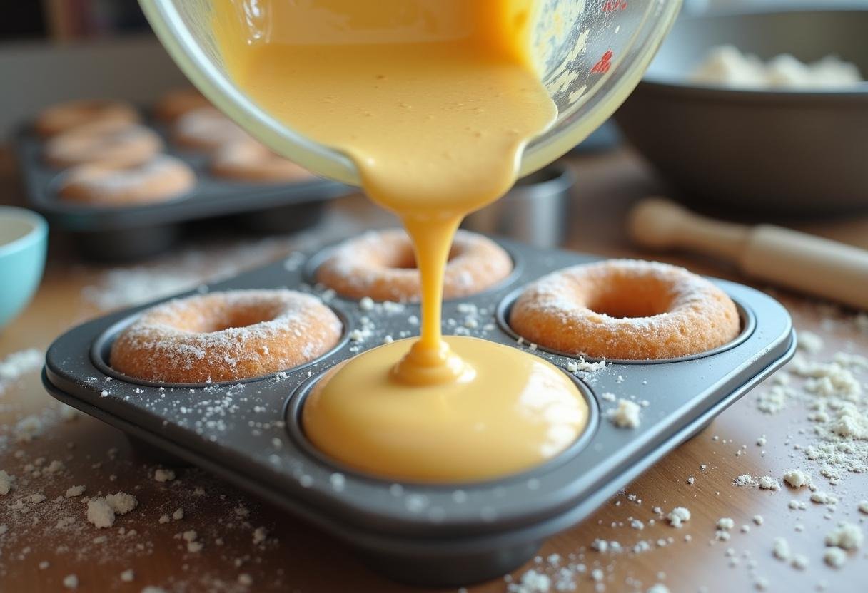 Pouring donut batter for Cinnamon Hogwarts Hearth Baked Cinnamon Sugar Donuts into a pan, showcasing the fluffy consistency.