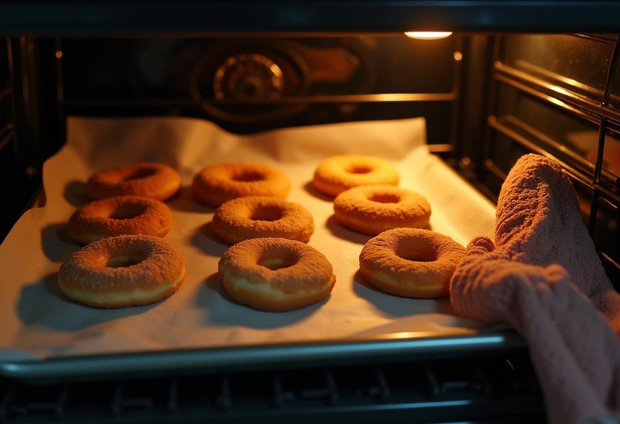 Baked donuts from Cinnamon Hogwarts Hearth Baked Cinnamon Sugar Donuts recipe rising in the oven, giving a warm and inviting feel.