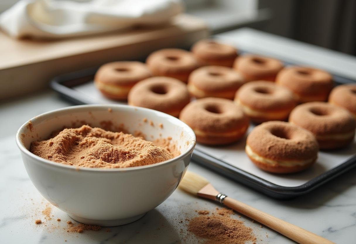Coating baked Cinnamon Hogwarts Hearth Baked Cinnamon Sugar Donuts in cinnamon sugar, showing a delicious preparation step.