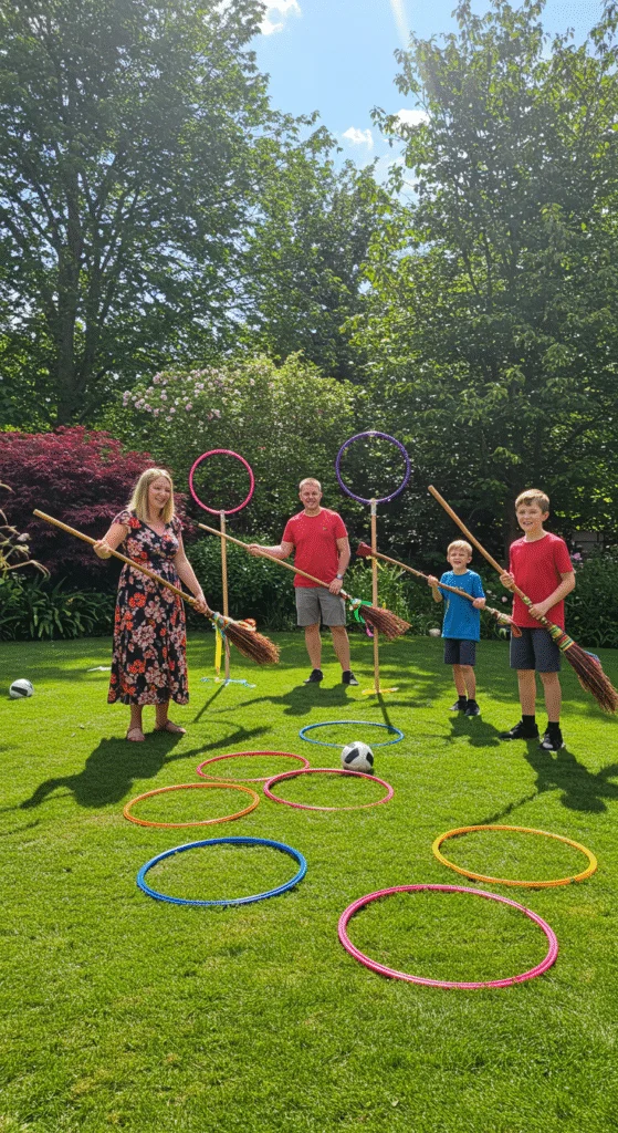 DIY Quidditch setup in a backyard with hoops and broomsticks for an outdoor wizard game