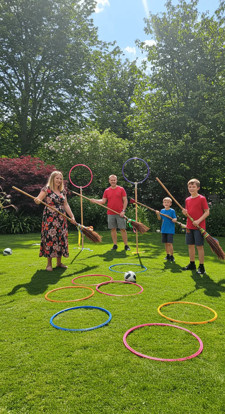 DIY Quidditch setup in a backyard with hoops and broomsticks for an outdoor wizard game