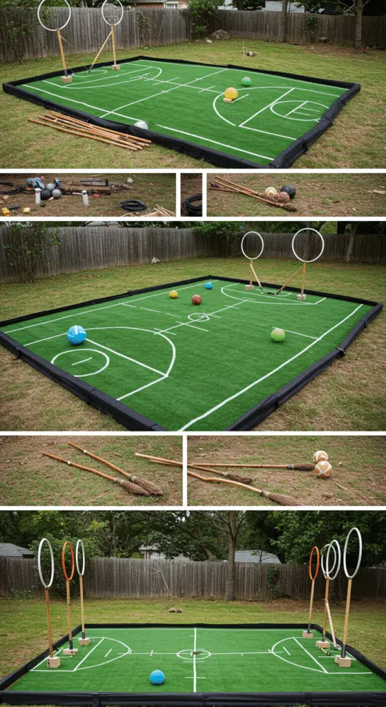 Outdoor wizard game instructions showing how to set up a backyard Quidditch game with DIY guides