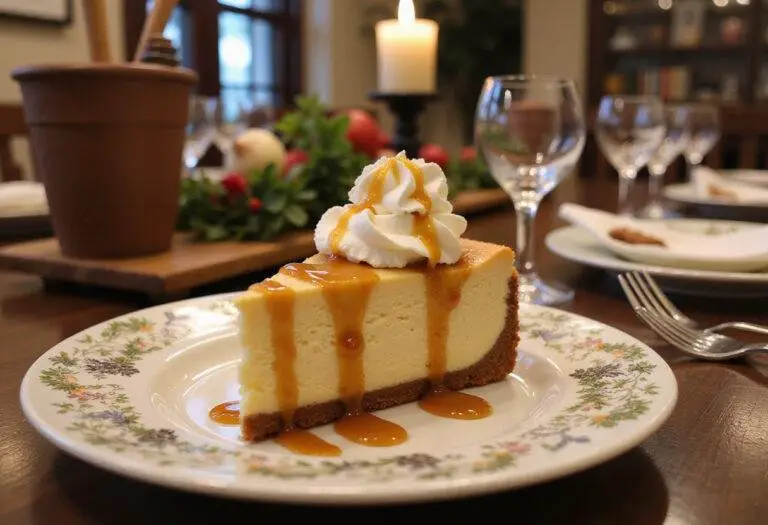 Delicious slice of Dreamy Harry Potter Butterbeer Cheesecake ready to serve, beautifully arranged with enchanting table decor.