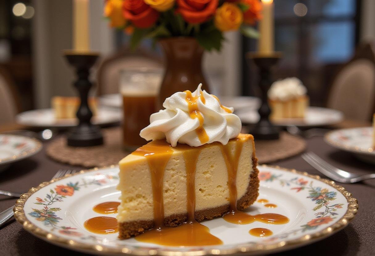 Delicious slice of Dreamy Harry Potter Butterbeer Cheesecake ready to serve, beautifully arranged with enchanting table decor.