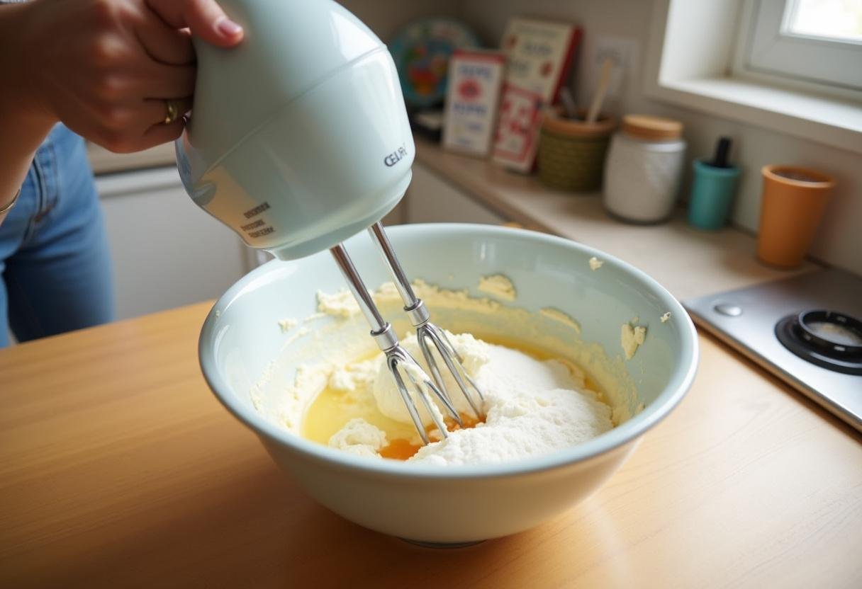 Mixing cream cheese and sugar for a Dreamy Harry Potter Butterbeer Cheesecake, cozy kitchen setting.