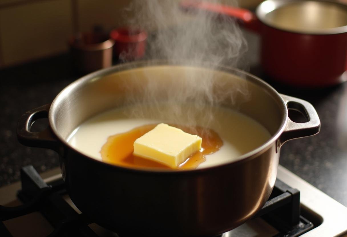 Heating butter and butterscotch syrup for Dreamy Harry Potter Butterbeer Cheesecake, inviting kitchen atmosphere.