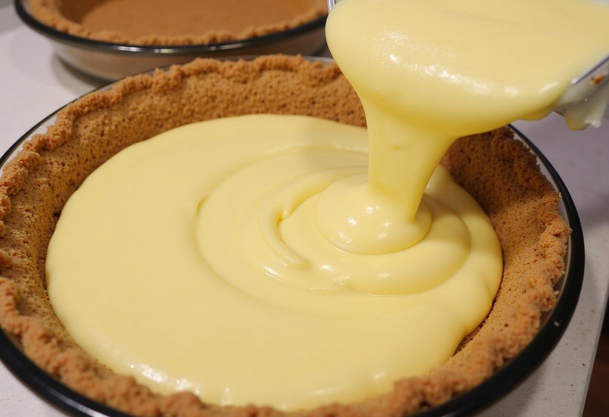 Pouring creamy filling into a graham cracker crust for Dreamy Harry Potter Butterbeer Cheesecake, vibrant kitchen details.