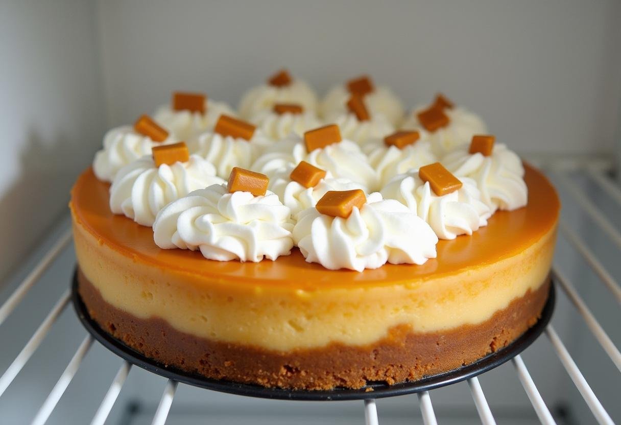 Chilling cheesecake with whipped cream for Dreamy Harry Potter Butterbeer Cheesecake, delightful cooling ambiance.