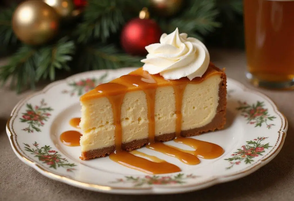 Final presentation of Enchanted Butterbeer Cheesecake with Vanilla-Caramel Layers, a delicious dessert slice, elegantly displayed.