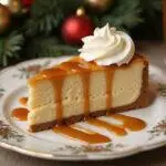 Final presentation of Enchanted Butterbeer Cheesecake with Vanilla-Caramel Layers, a delicious dessert slice, elegantly displayed.