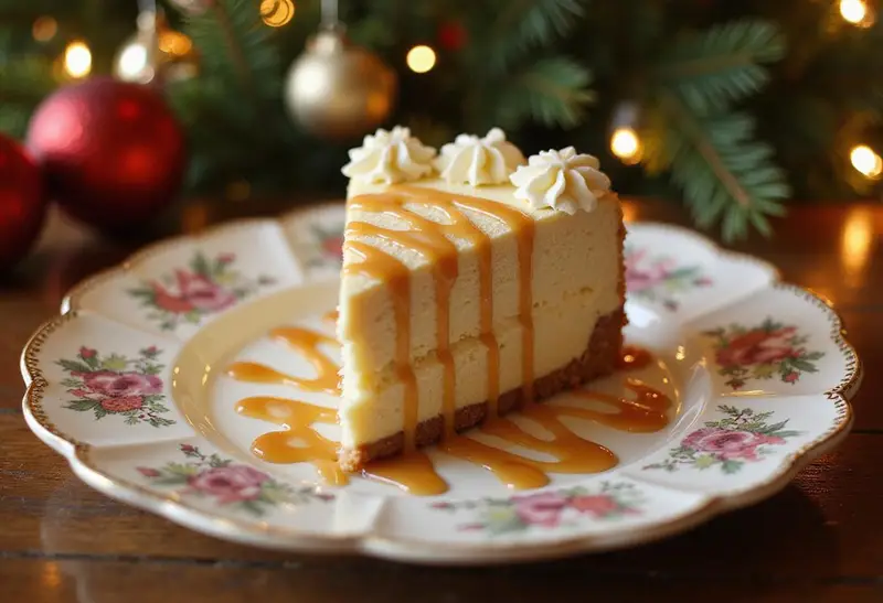 Final presentation of Enchanted Butterbeer Cheesecake with Vanilla-Caramel Layers, a delicious dessert slice, elegantly displayed.