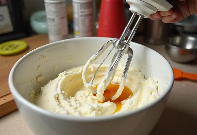 Enchanted Butterbeer Cheesecake preparation, mixing cream cheese with sugar and vanilla, baking supplies on kitchen counter.