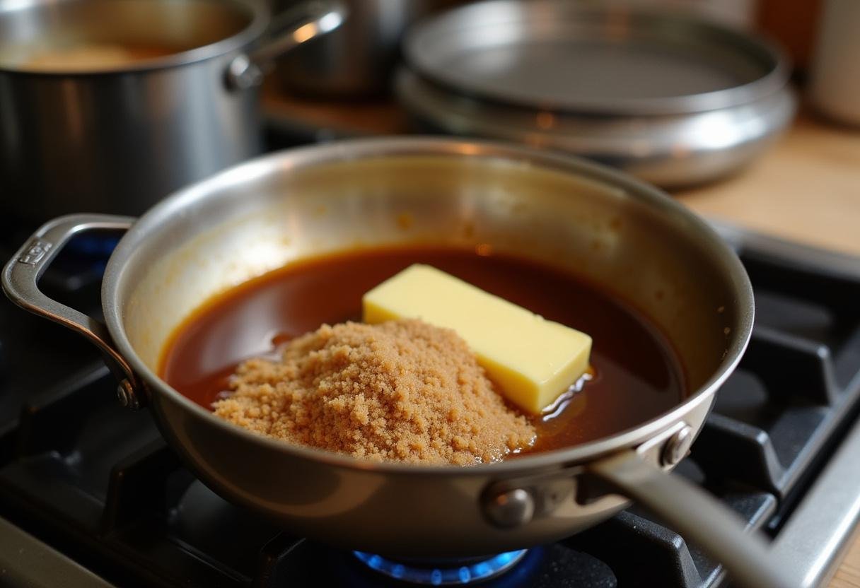 Creating vanilla-caramel layers for Enchanted Butterbeer Cheesecake, melting butter with brown sugar, cozy kitchen setting.