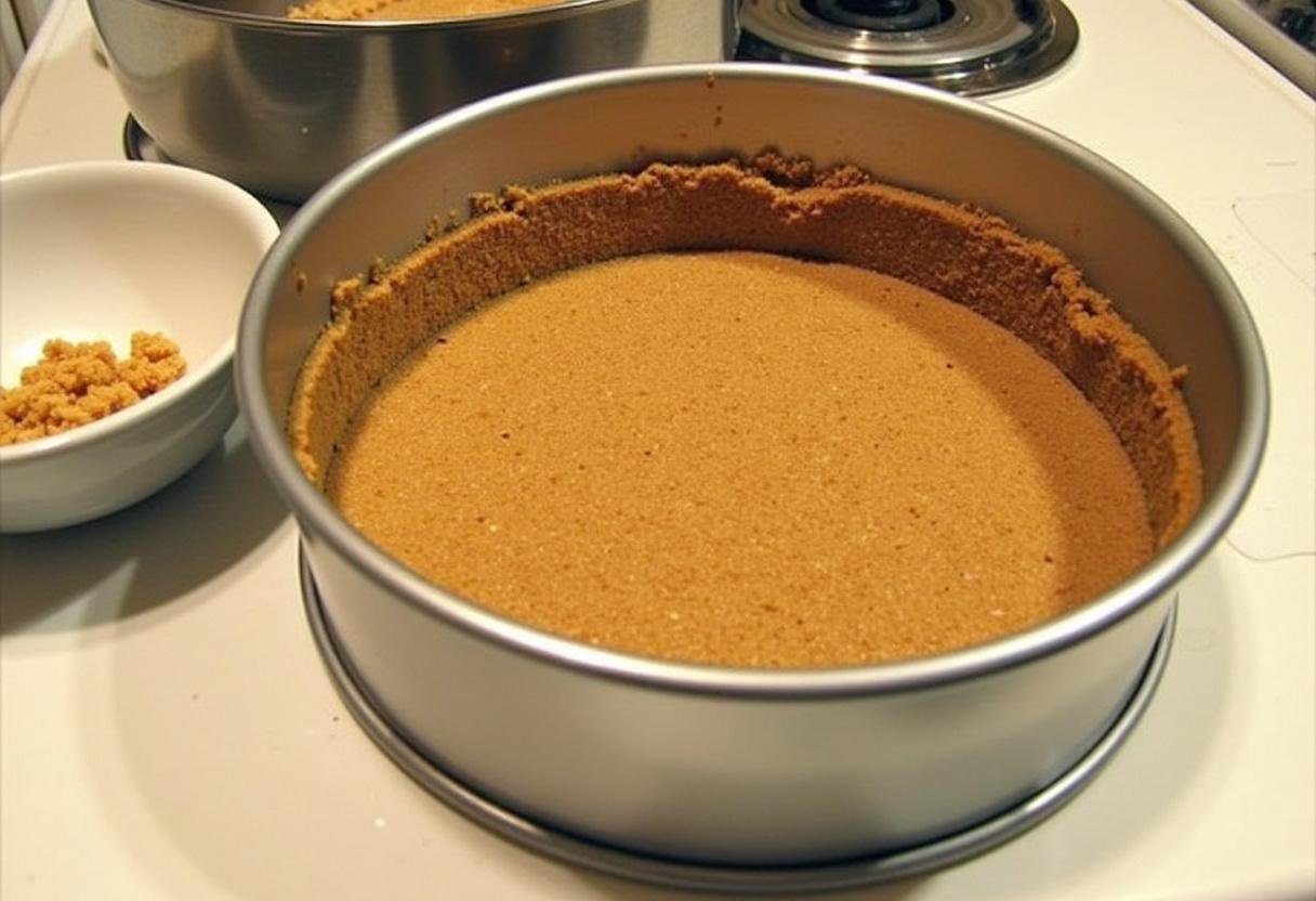 Preparing graham cracker crust for Enchanted Butterbeer Cheesecake, pressing crumbs into a springform pan, cooking scene.
