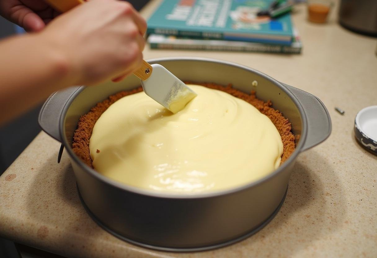 Pouring cheesecake batter for Enchanted Butterbeer Cheesecake, preparing to bake, vibrant kitchen setting.