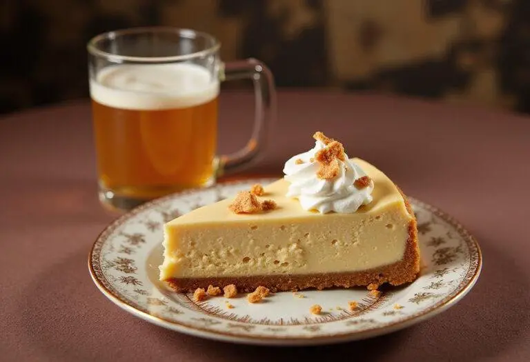 Stunning slice of Enchanted Harry Potter Butterbeer Cheesecake on a decorative plate with a glass of butterbeer, perfect for Harry Potter fans.