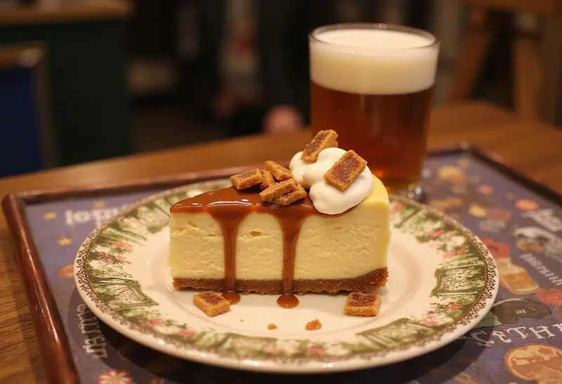 Stunning slice of Enchanted Harry Potter Butterbeer Cheesecake on a decorative plate with a glass of butterbeer, perfect for Harry Potter fans.