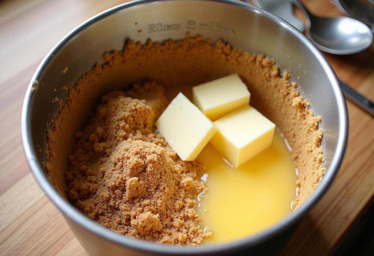 Delicious crust mixture for Enchanted Harry Potter Butterbeer Cheesecake with graham crackers, brown sugar, and melted butter on a rustic countertop.