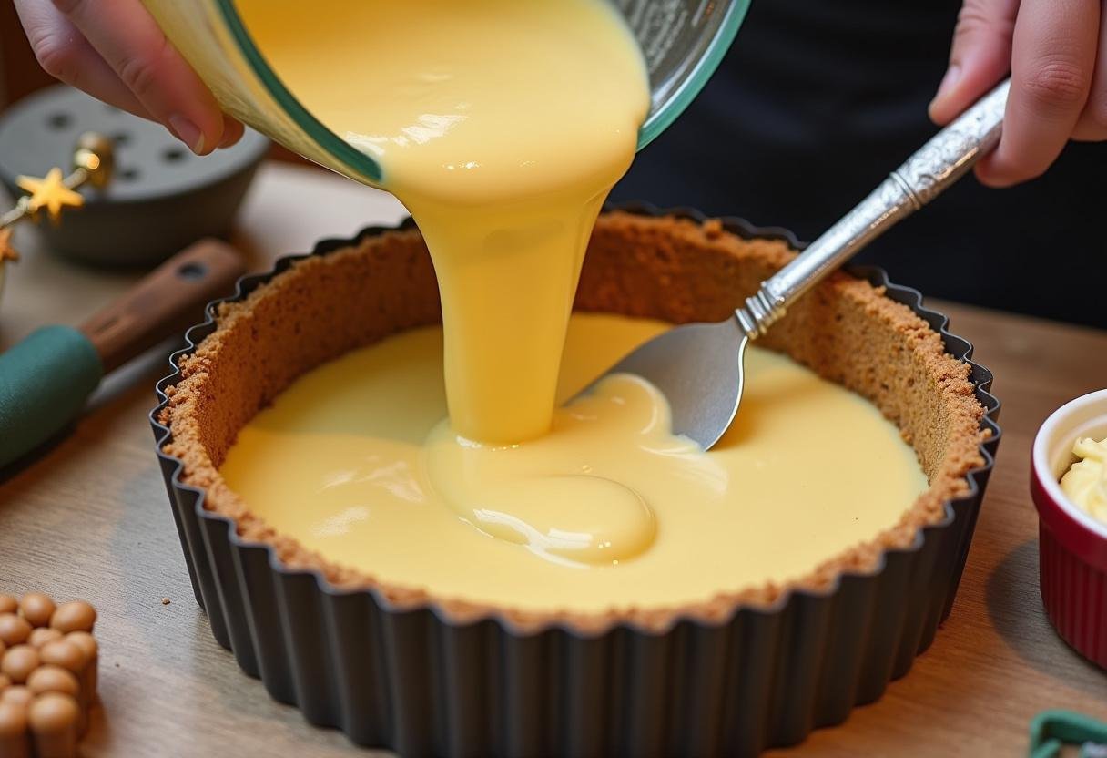 Pouring the creamy filling into graham cracker crust for Enchanted Harry Potter Butterbeer Cheesecake on a magical-themed countertop.
