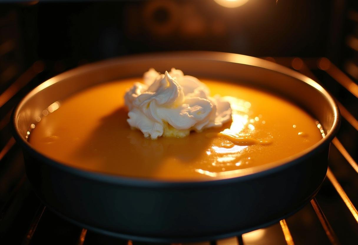 Preparing to bake Enchanted Harry Potter Butterbeer Cheesecake topped with butterscotch sauce and whipped cream in a cozy oven.