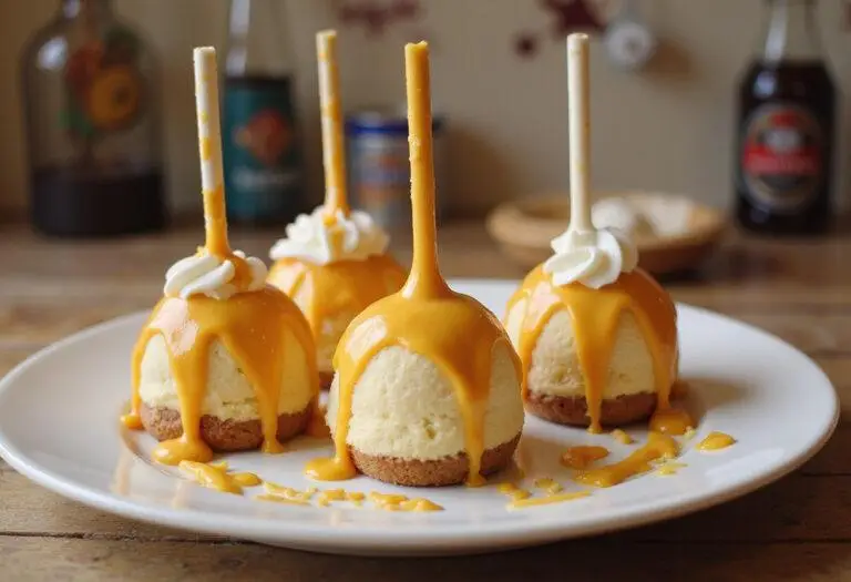 Delicious enchanted Hogwarts Butterbeer cheesecake pops with golden drizzle displayed elegantly.