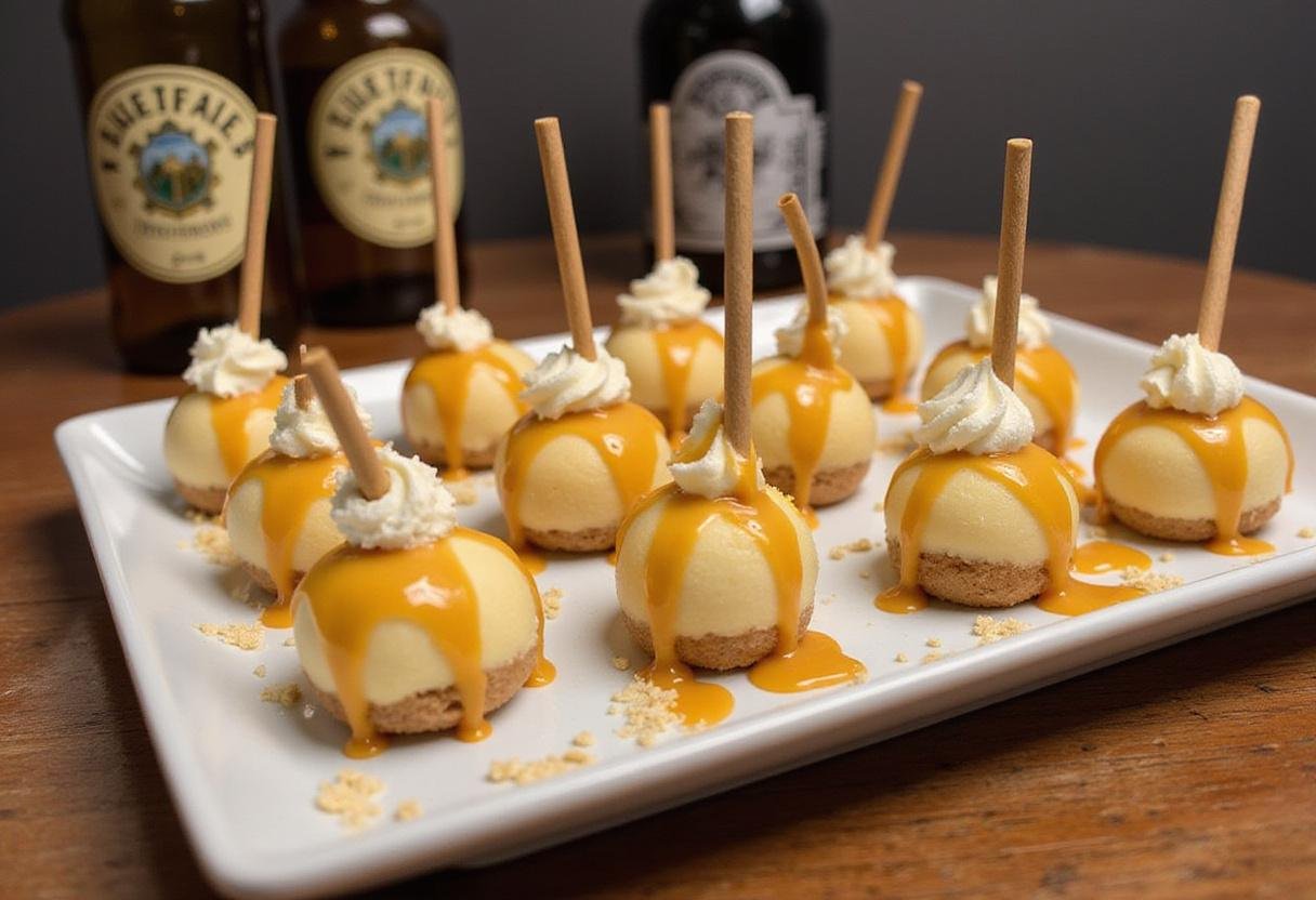 Delicious enchanted Hogwarts Butterbeer cheesecake pops with golden drizzle displayed elegantly.