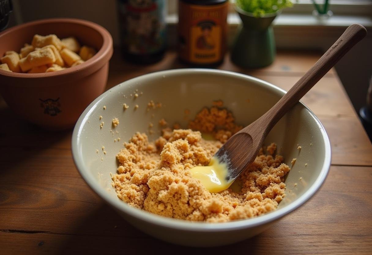 Crushed graham crackers and melted butter mix for enchanted Hogwarts Butterbeer cheesecake pops.