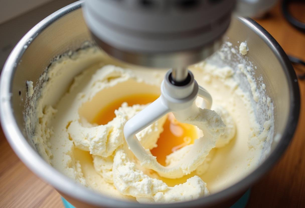 Mixing cream cheese and sugar for delightful enchanted Hogwarts Butterbeer cheesecake pops.