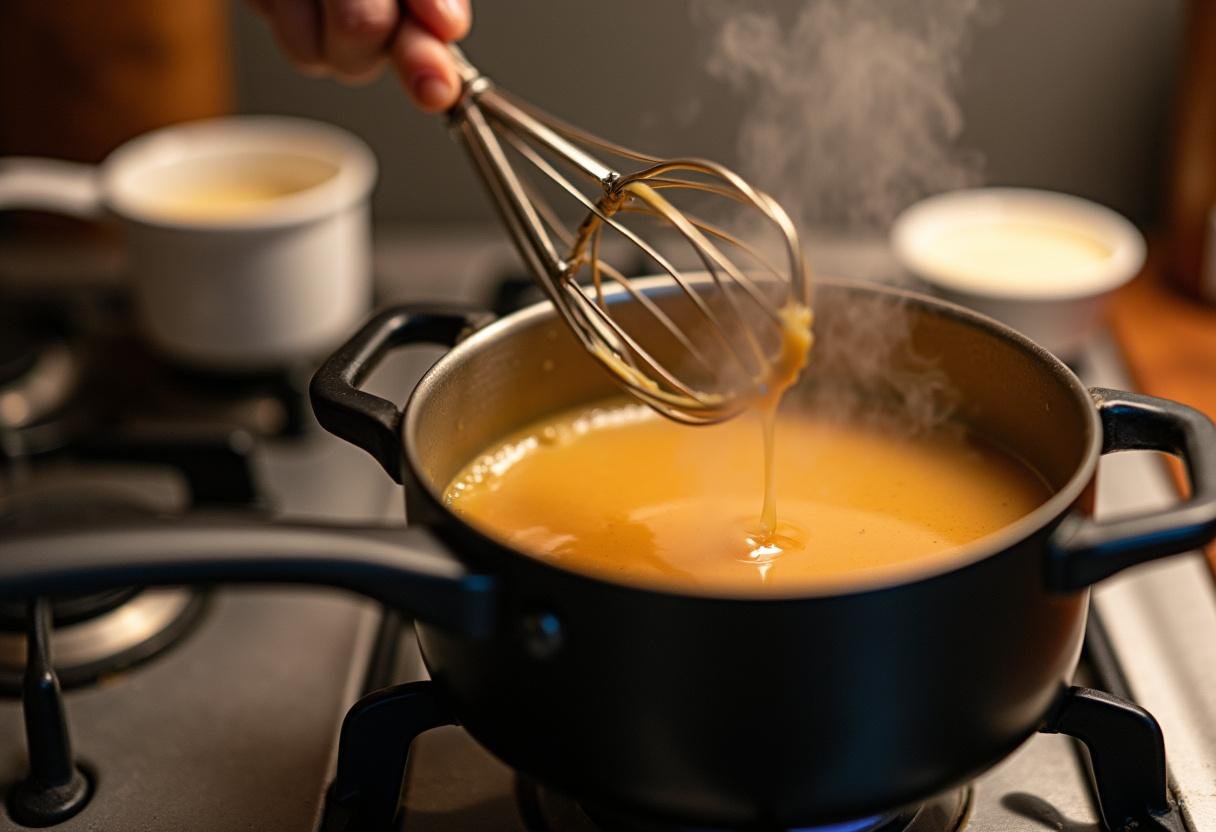 Creating a rich butterscotch sauce for enchanted Hogwarts Butterbeer cheesecake pops.