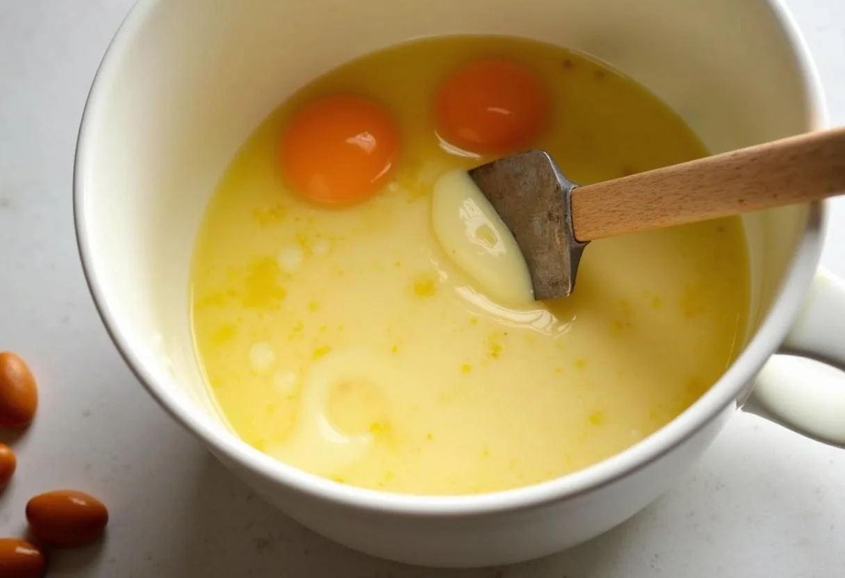 Preparing the cheesecake filling with eggs and melted butter for Enchanted Hufflepuff Butterbeer Cheesecake Bars with Caramel Infusion.