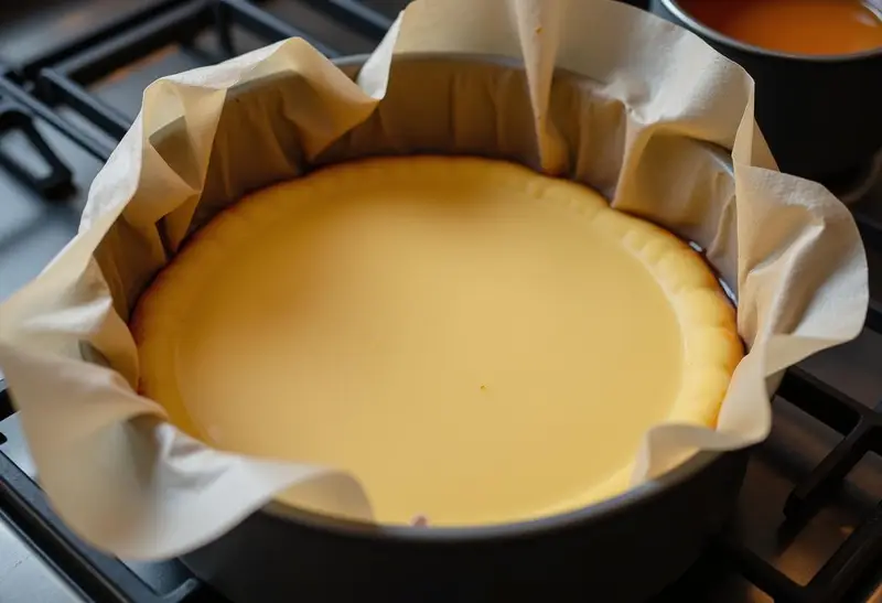 Filling the baking dish with cheesecake mixture and preparing caramel sauce for Enchanted Hufflepuff Butterbeer Cheesecake Bars with Caramel Infusion.