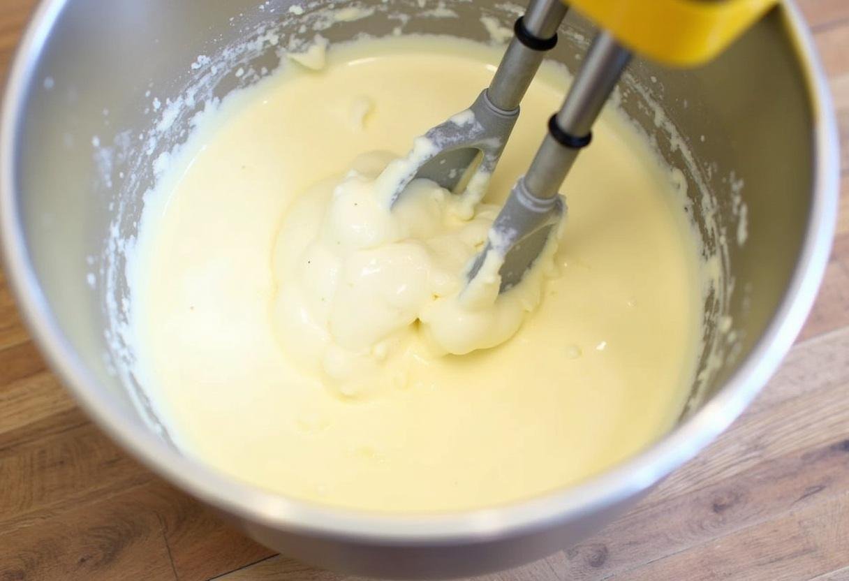 Cream cheese and sugar mixture for Enchanted Hufflepuff Butterbeer Cheesecake Bars preparation with a creamy texture.
