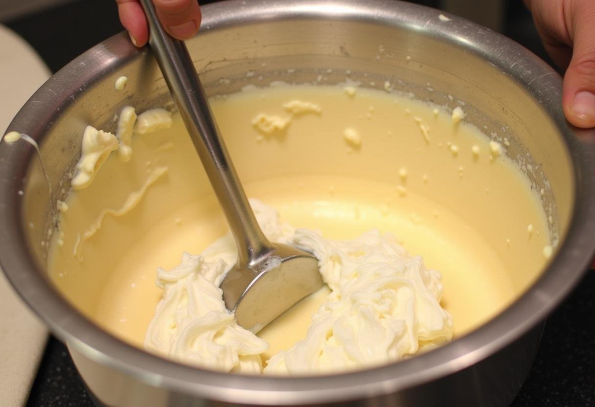 Toffee bits and whipped cream mixed with butterbeer for the delicious filling of the Enchanted Hufflepuff Butterbeer Cheesecake Bars.