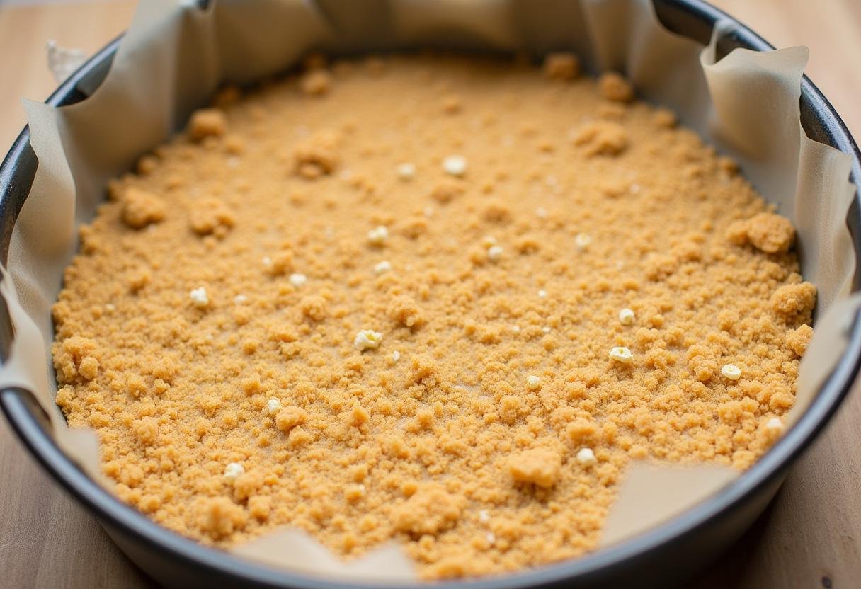 Graham cracker crust being prepared for Enchanted Hufflepuff Butterbeer Cheesecake Bars, providing a crunchy base.