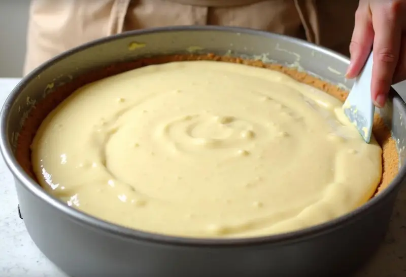 Cheesecake filling being spread over the graham cracker crust in the baking pan for Enchanted Hufflepuff Butterbeer Cheesecake Bars.