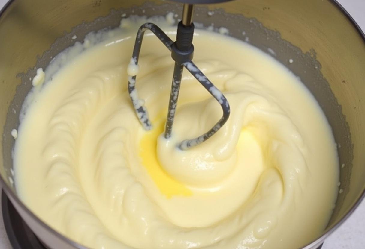 Blending cream cheese, sugar, and vanilla for the creamy filling of Forbidden Forest Blackberry Cheesecake Bites.