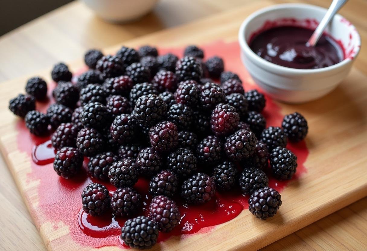 Preparing fresh blackberries and blackberry puree for adding flavor to Forbidden Forest Blackberry Cheesecake Bites.