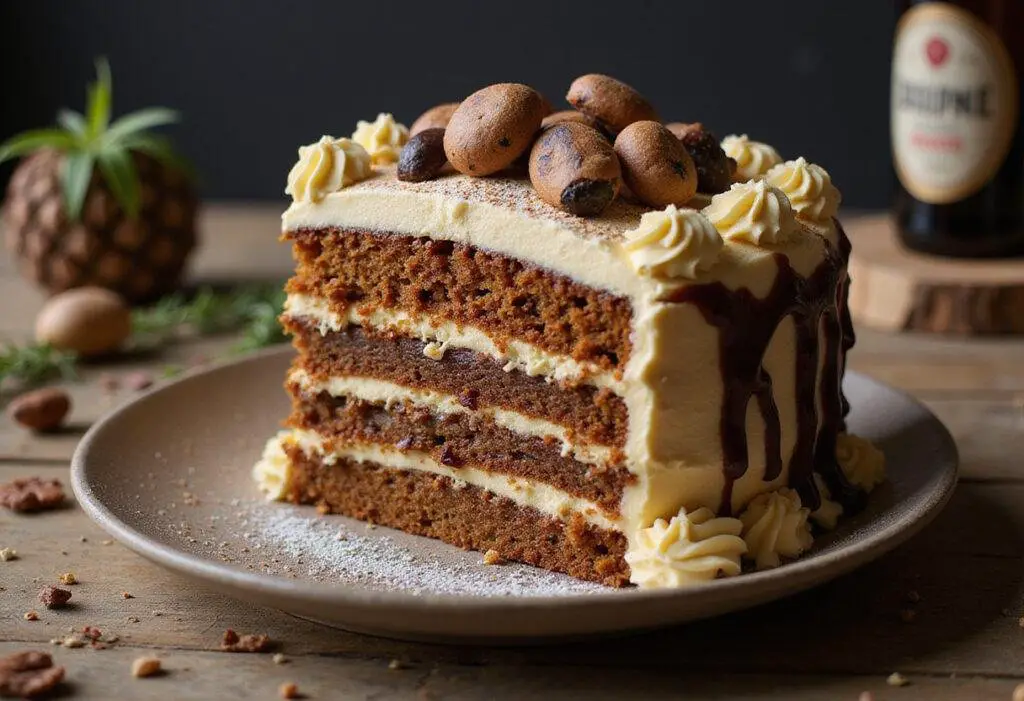 Finished Forbidden Forest Deep Woods Butterbeer Layer Cake, showcasing its rich layers and decorations, perfect for festive occasions.