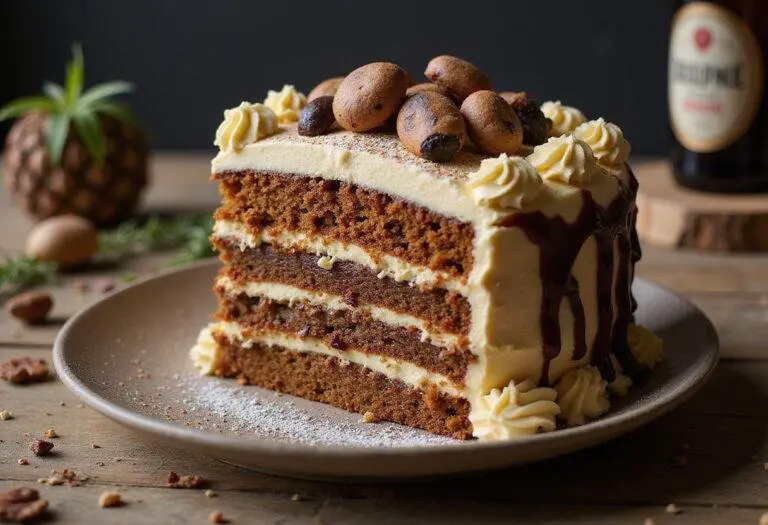 Finished Forbidden Forest Deep Woods Butterbeer Layer Cake, showcasing its rich layers and decorations, perfect for festive occasions.