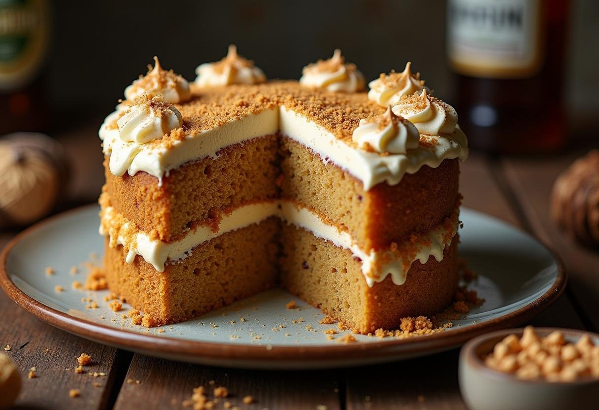 Finished Forbidden Forest Deep Woods Butterbeer Layer Cake, showcasing its rich layers and decorations, perfect for festive occasions.