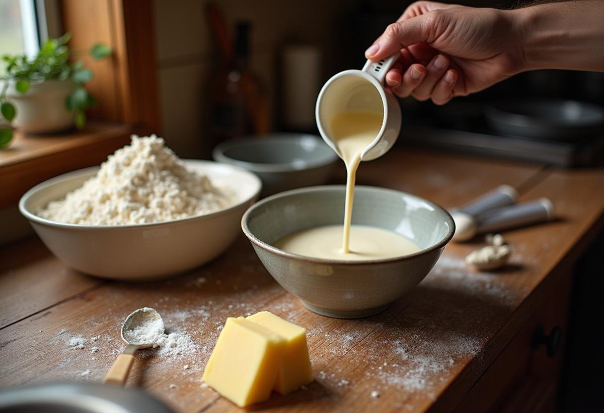 Ingredients for Forbidden Forest Deep Woods Butterbeer Layer Cake prepared on a kitchen countertop, showcasing flour, sugar, and a mixing bowl with warm milk pouring in.