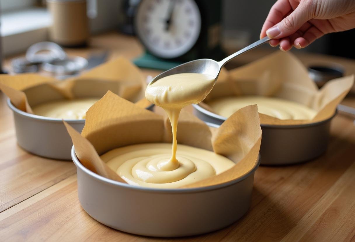 Baking a Forbidden Forest Deep Woods Butterbeer Layer Cake, as thick batter is spooned into round cake pans, emphasizing the precise preparation of the cake layers.