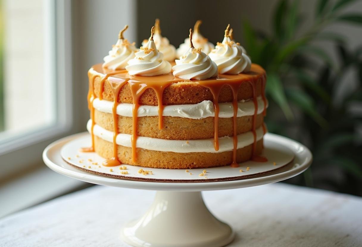 The final assembly of a Forbidden Forest Deep Woods Butterbeer Layer Cake, beautifully decorated with whipped cream, caramel drizzle, and gold accents, presented on a cake stand.