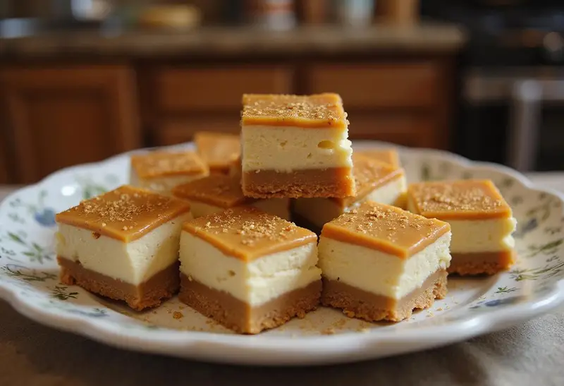 Final presentation of Golden Snitch Caramel Butterbeer Cheesecake Bars, beautifully plated to highlight their rich caramel topping and decadent cheesecake layers.