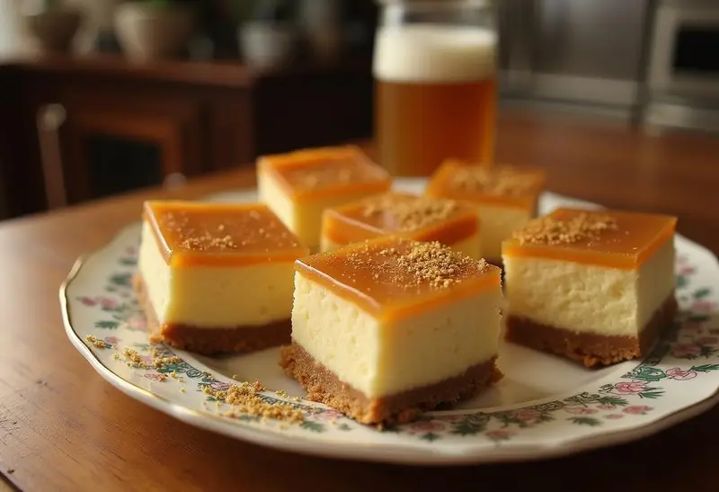 Final presentation of Golden Snitch Caramel Butterbeer Cheesecake Bars, beautifully plated to highlight their rich caramel topping and decadent cheesecake layers.