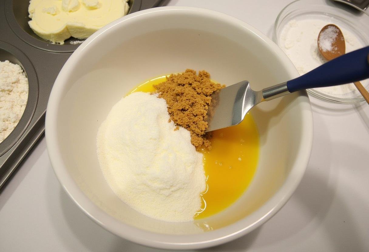 Step one of Golden Snitch Caramel Butterbeer Cheesecake Bars, mixing graham cracker crust ingredients with attention to texture.