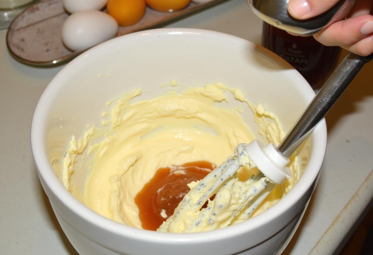 Step two of Golden Snitch Caramel Butterbeer Cheesecake Bars preparation, blending cream cheese and sugar for a creamy filling.