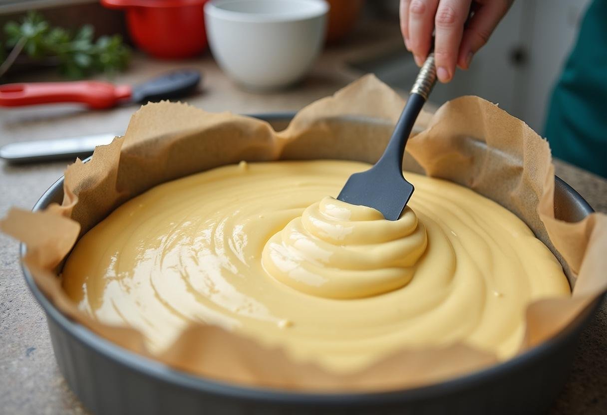 Step three in making Golden Snitch Caramel Butterbeer Cheesecake Bars, pouring the cheesecake mixture into a prepared baking dish for a delicious dessert.